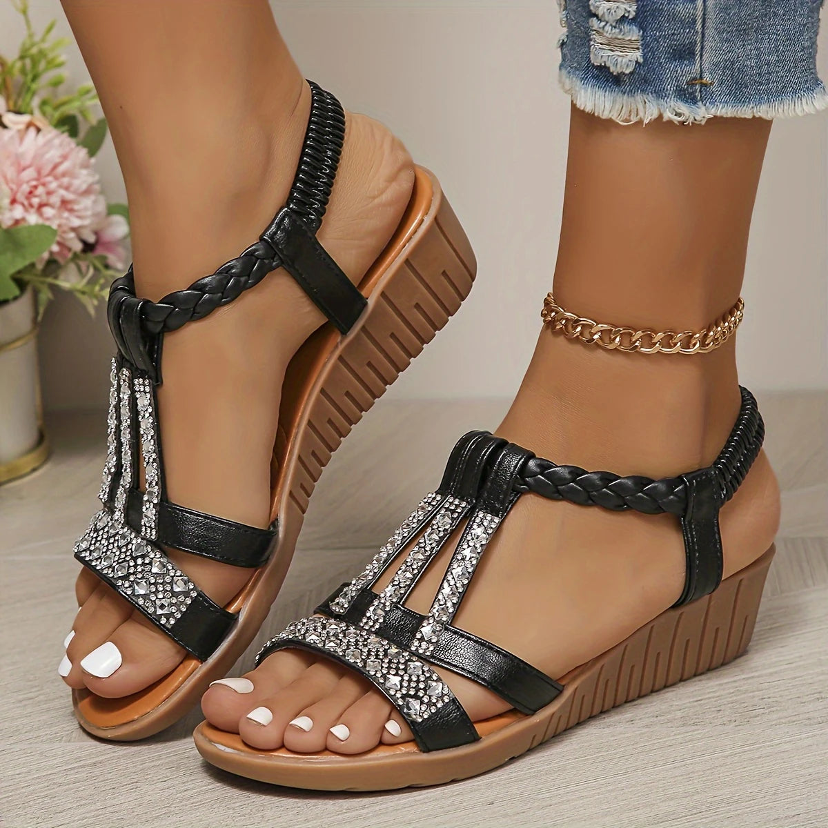 Sparkly Women's Glitter Rhinestone Wedge Sandals | Glamorous & Comfortable Heels 2025"